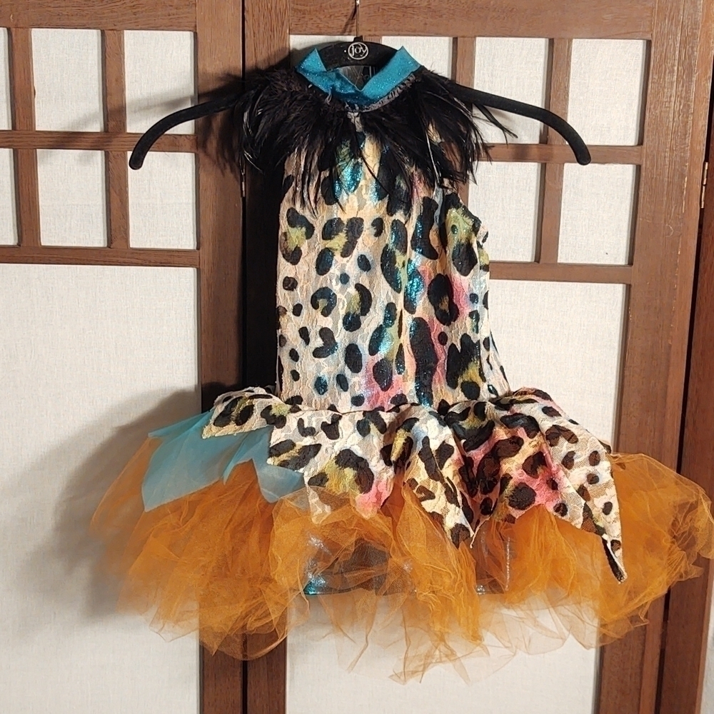 Sparkly Multicolor Leopard Print Tutu with Feather Trim at the Neck